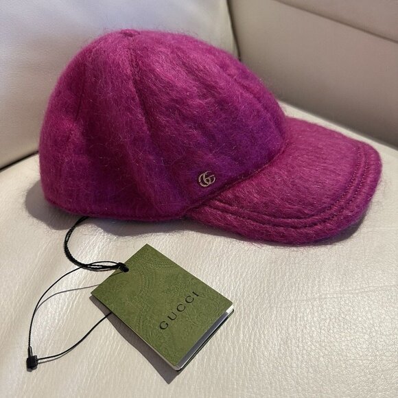 New Authentic Gucci GG Logo Mohair Pink Fuxia Baseball Hat Size M
